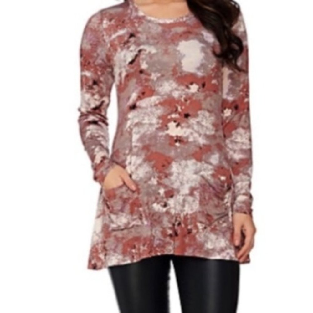LOGO Lori Goldstein Burgundy Cream Pink Long Sleeve Tunic Top